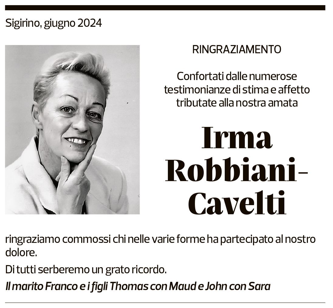 Annuncio funebre Irma Robbiani-cavelti