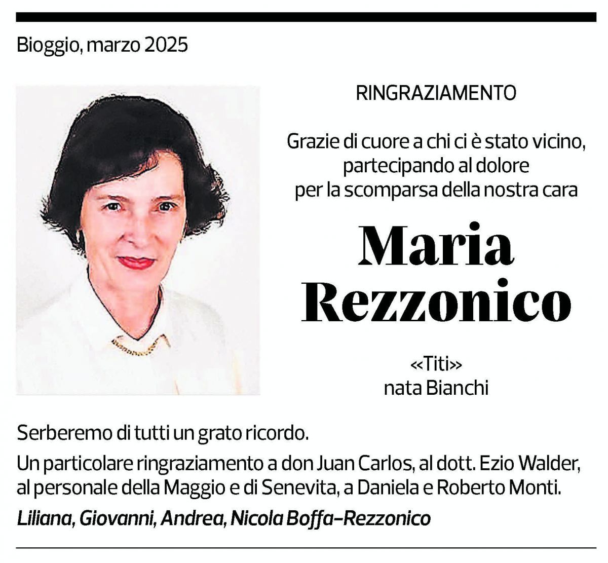 Annuncio funebre Maria Rezzonico