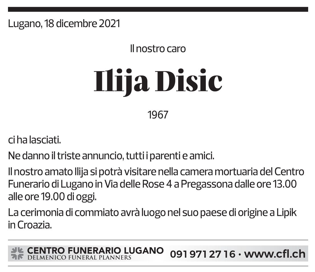 Annuncio funebre Ilija Disic