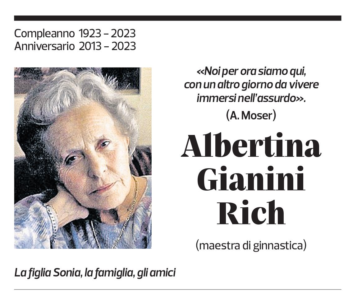 Annuncio funebre Albertina Gianini Rich