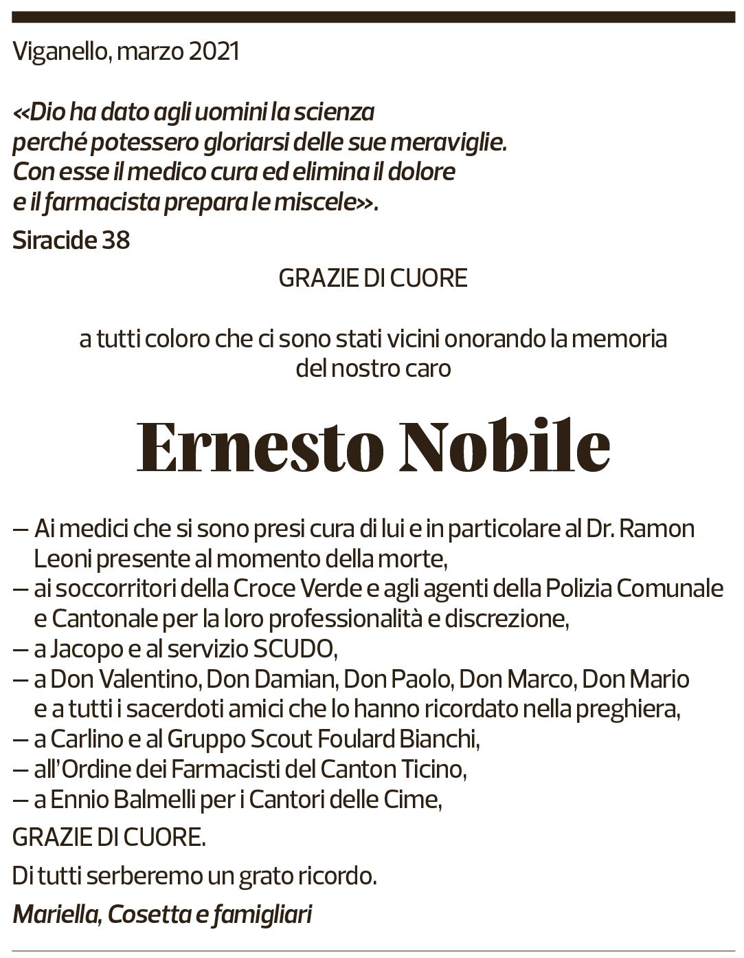 Annuncio funebre Ernesto Nobile