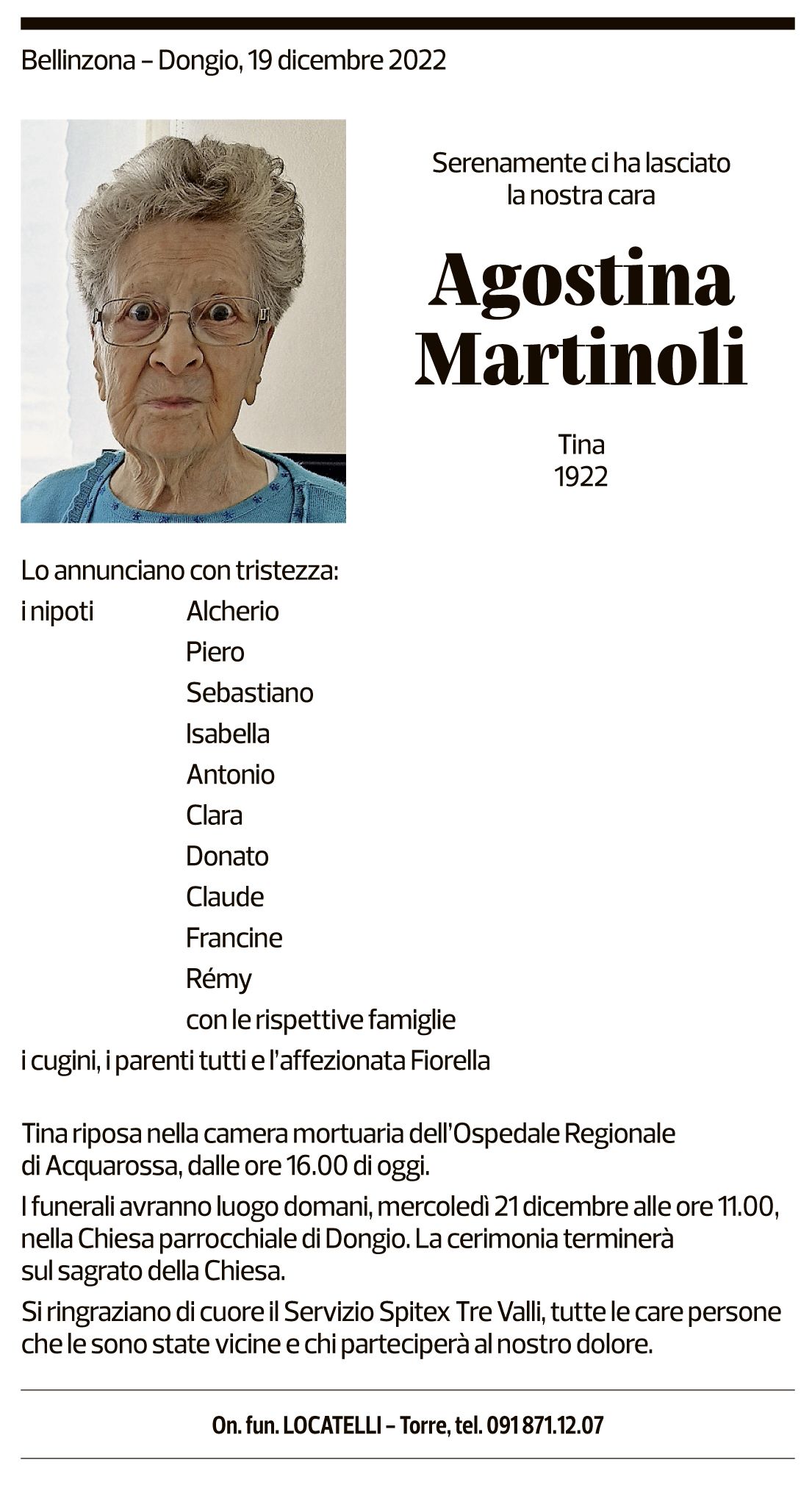 Annuncio funebre Agostina Martinoli