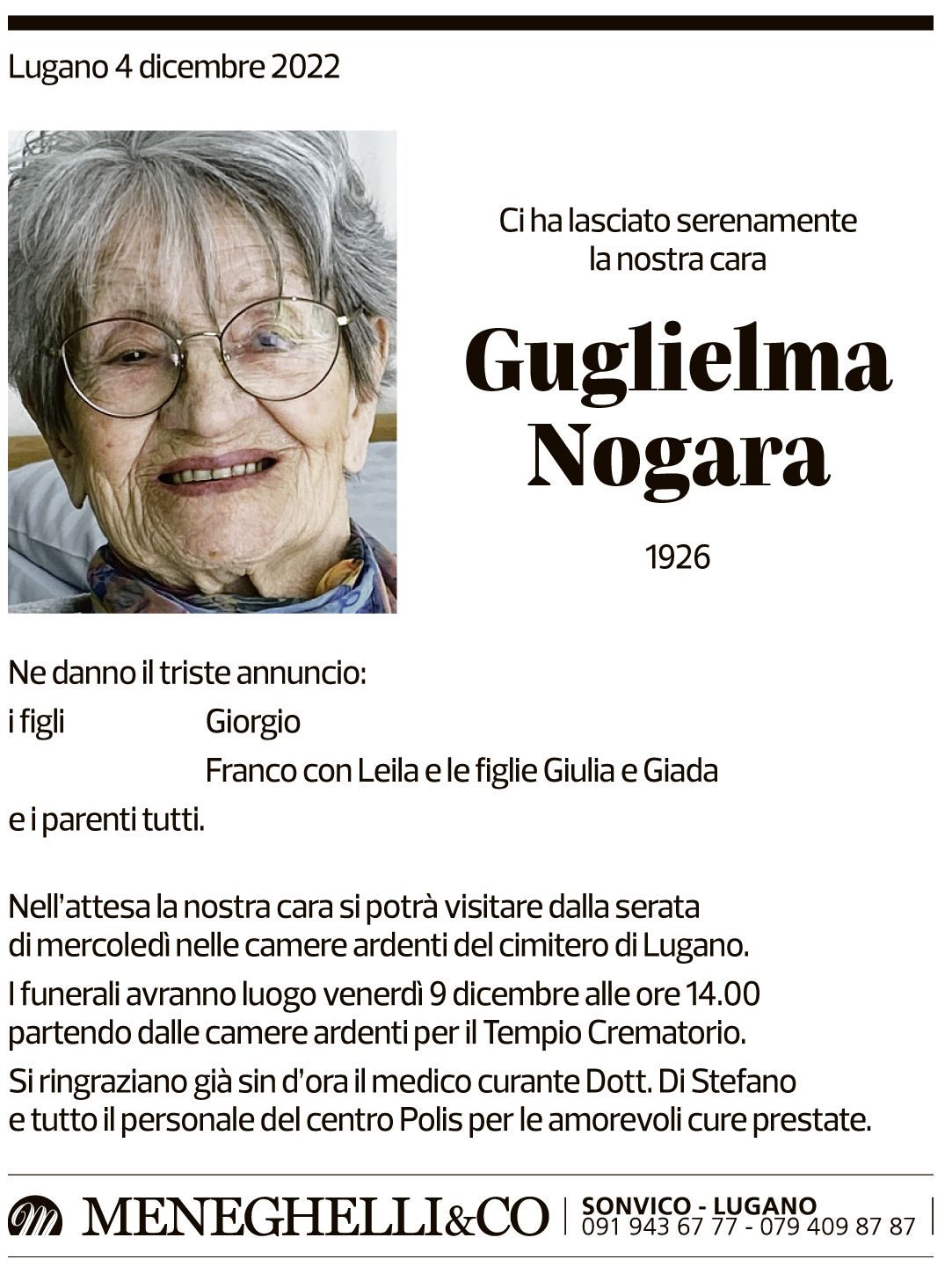 Annuncio funebre Guglielma Nogara