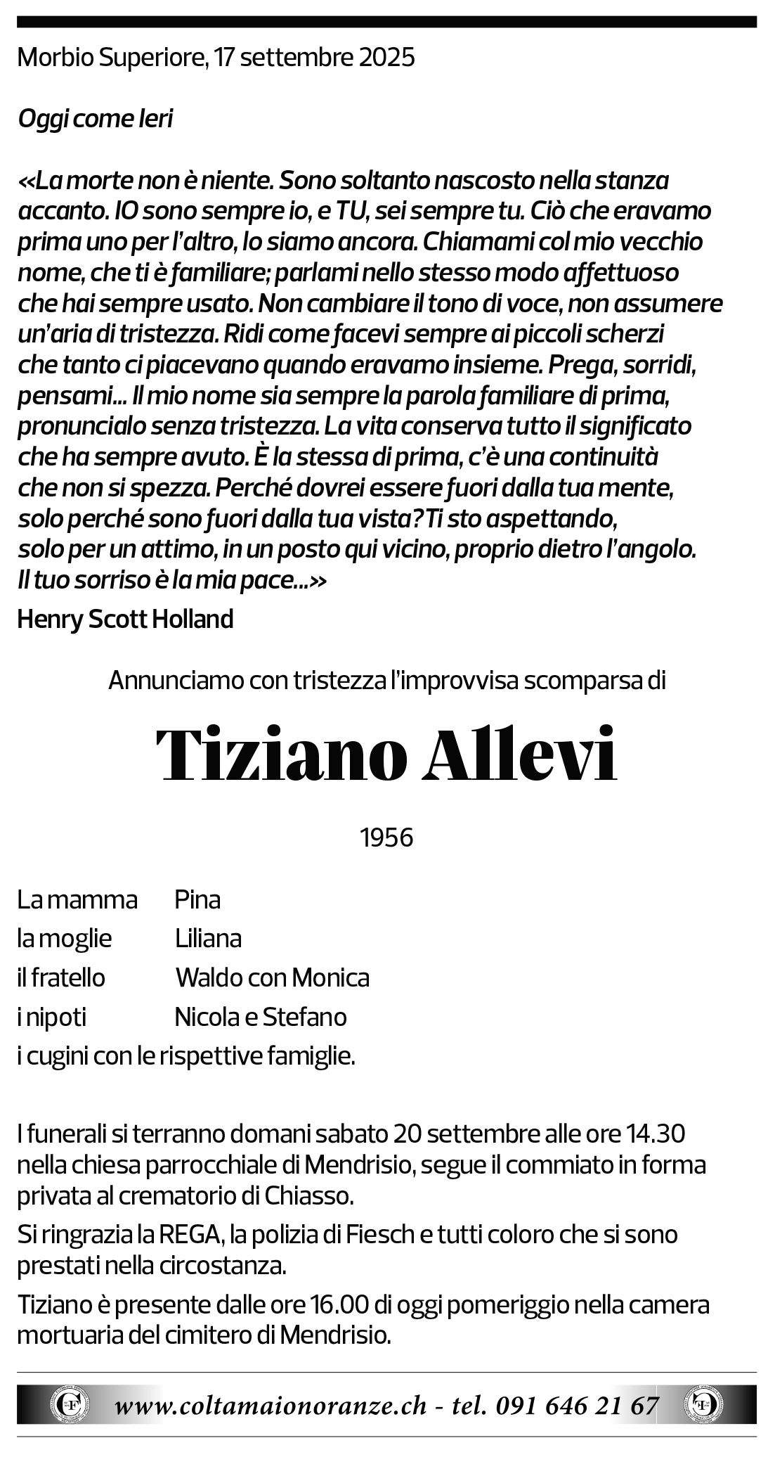 Annuncio funebre Tiziano Allevi