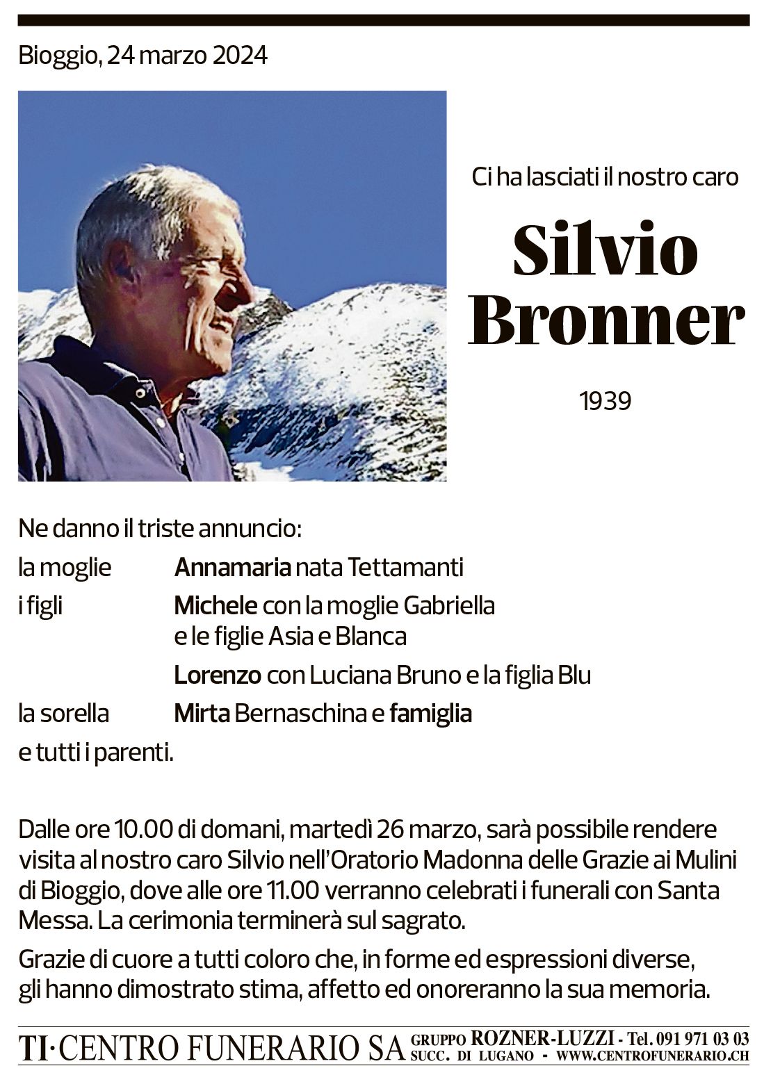 Annuncio funebre Silvio Bronner