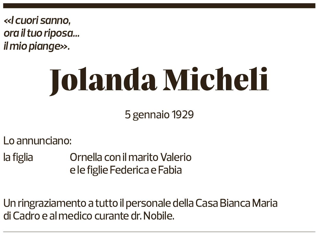 Annuncio funebre Jolanda Micheli