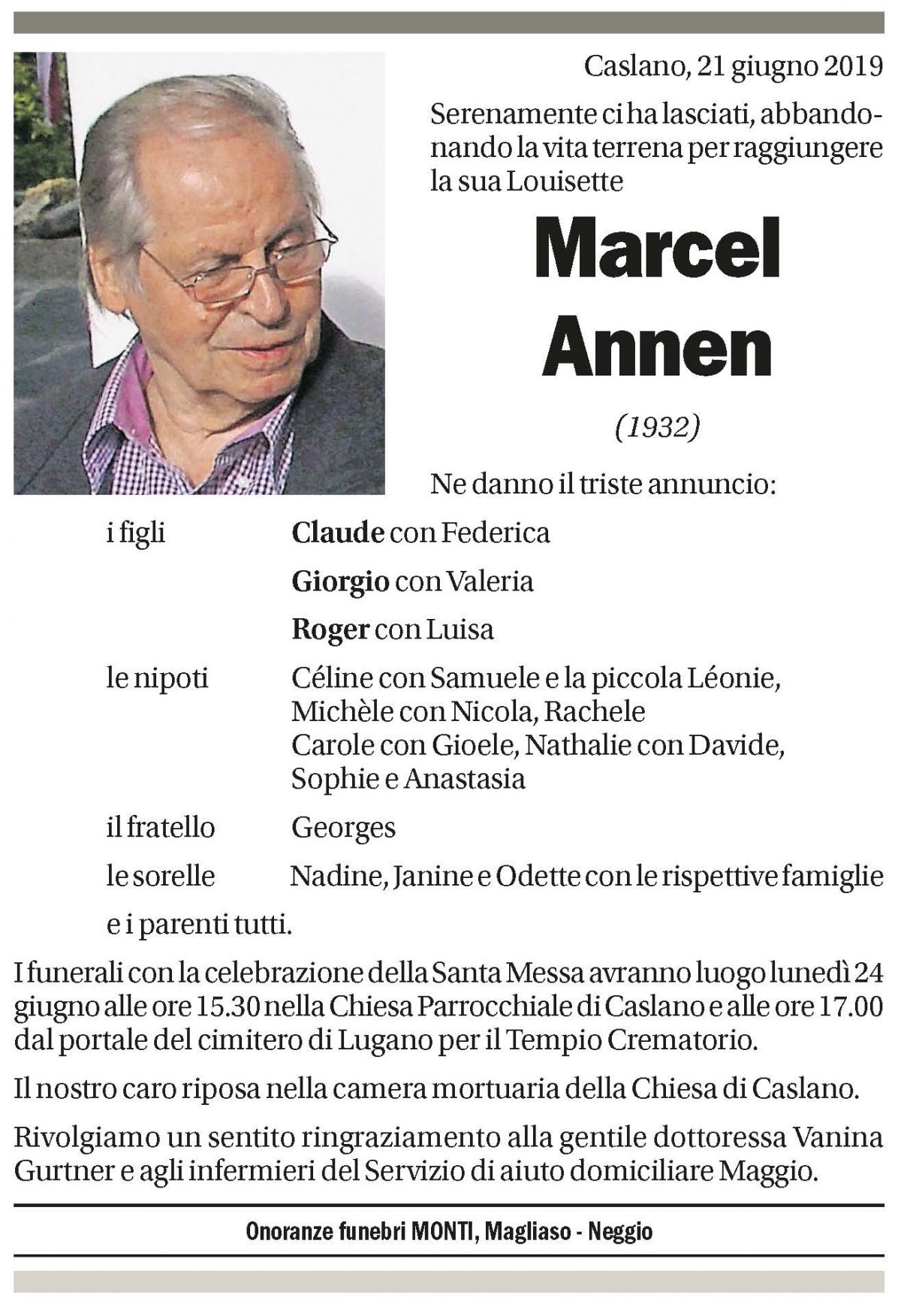 Annuncio funebre Marcel Annen