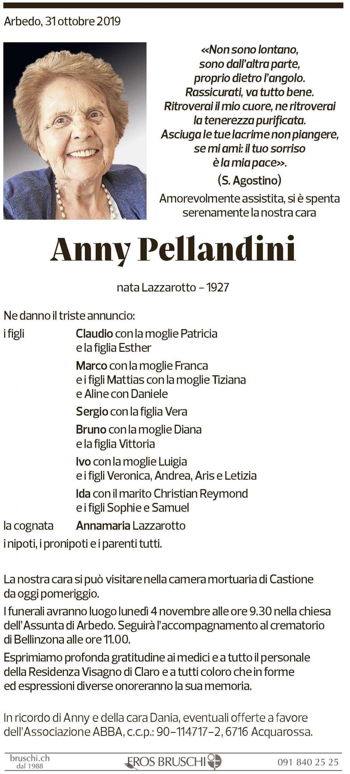 Annuncio funebre Anny Pellandini