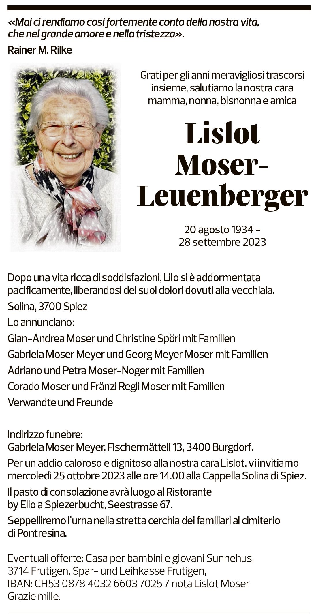 Annuncio funebre Lislot Moser-leuenberger