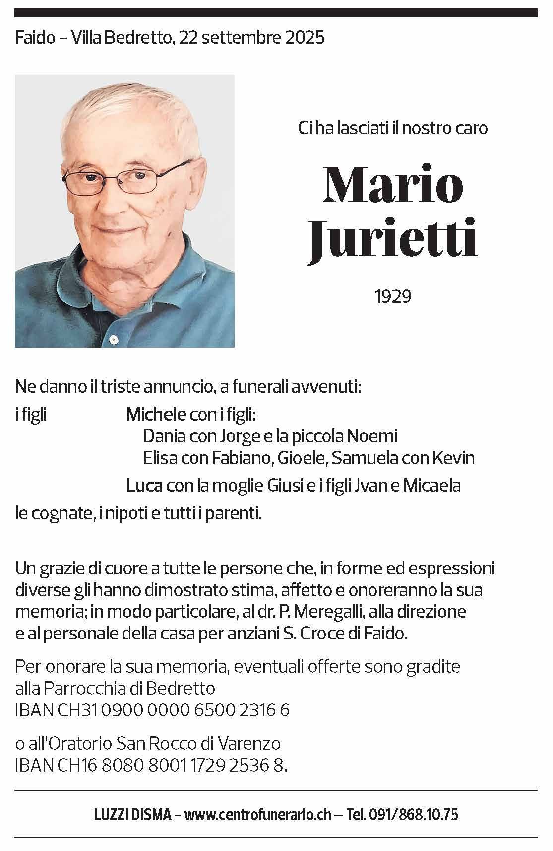 Annuncio funebre Mario Jurietti