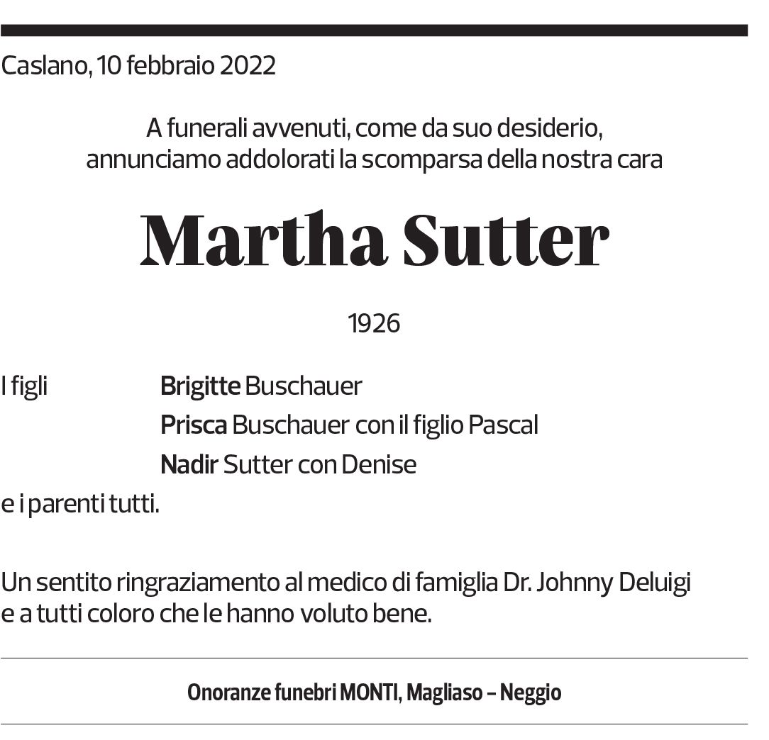 Annuncio funebre Martha Sutter