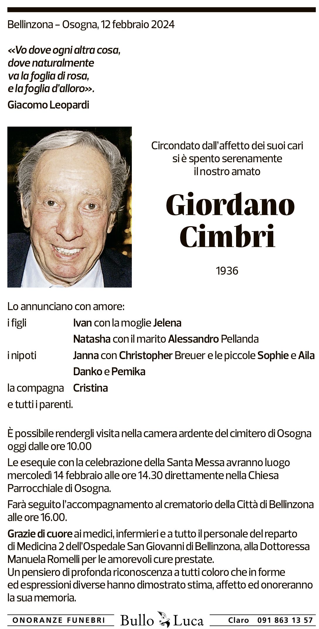 Annuncio funebre Giordano Cimbri