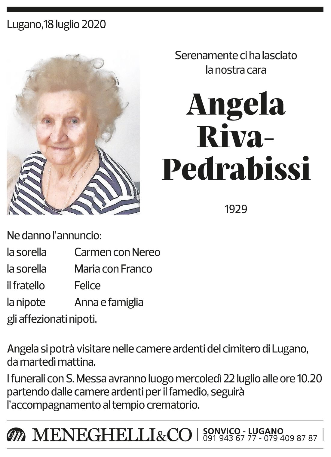Annuncio funebre Angela Riva-pedrabissi