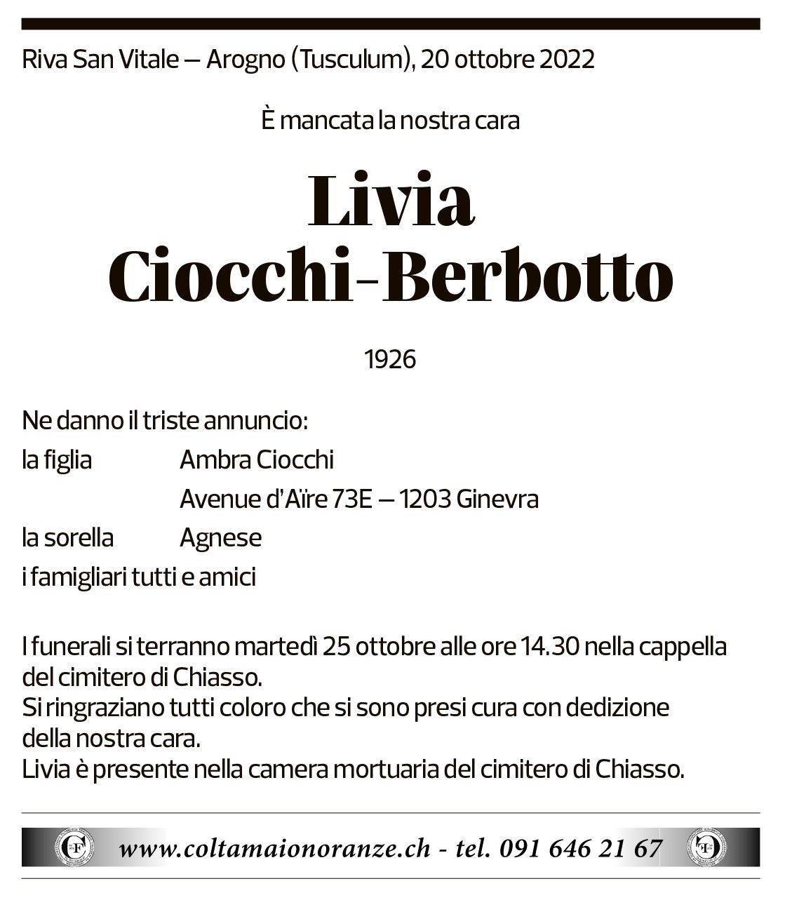 Annuncio funebre Livia Ciocchi-berbotto