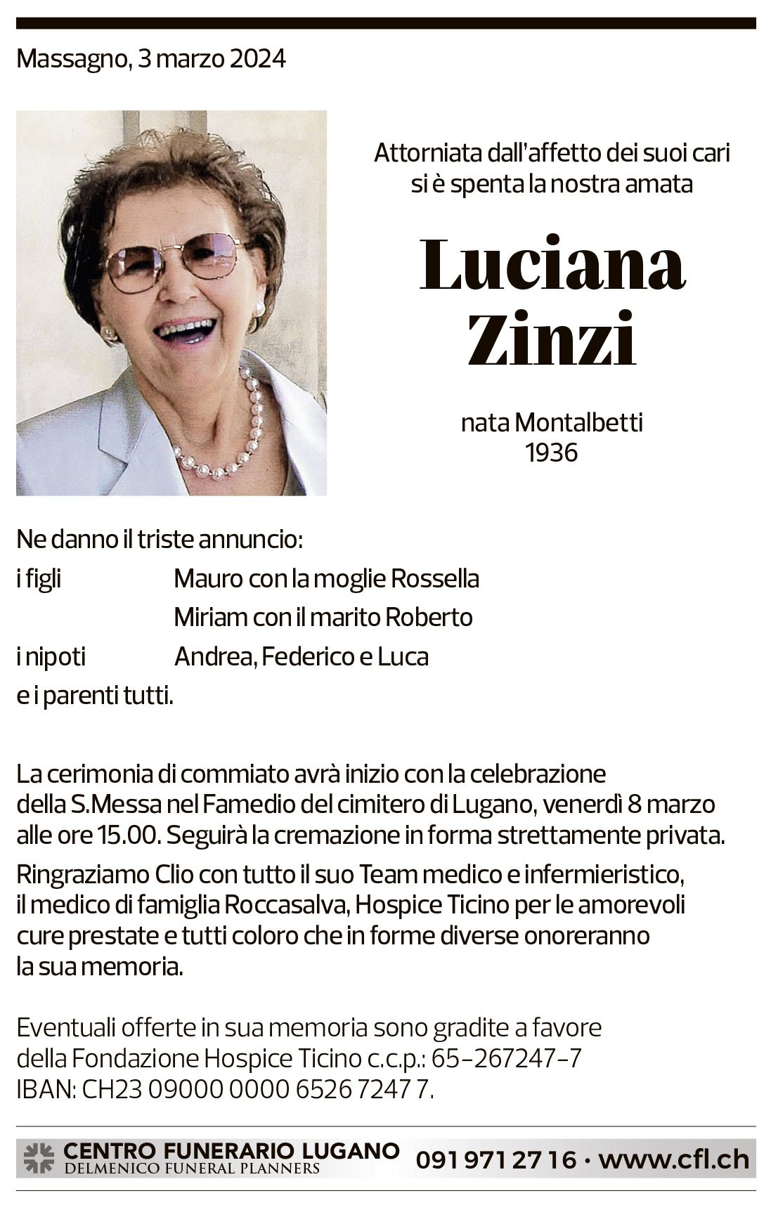 Annuncio funebre Luciana Zinzi