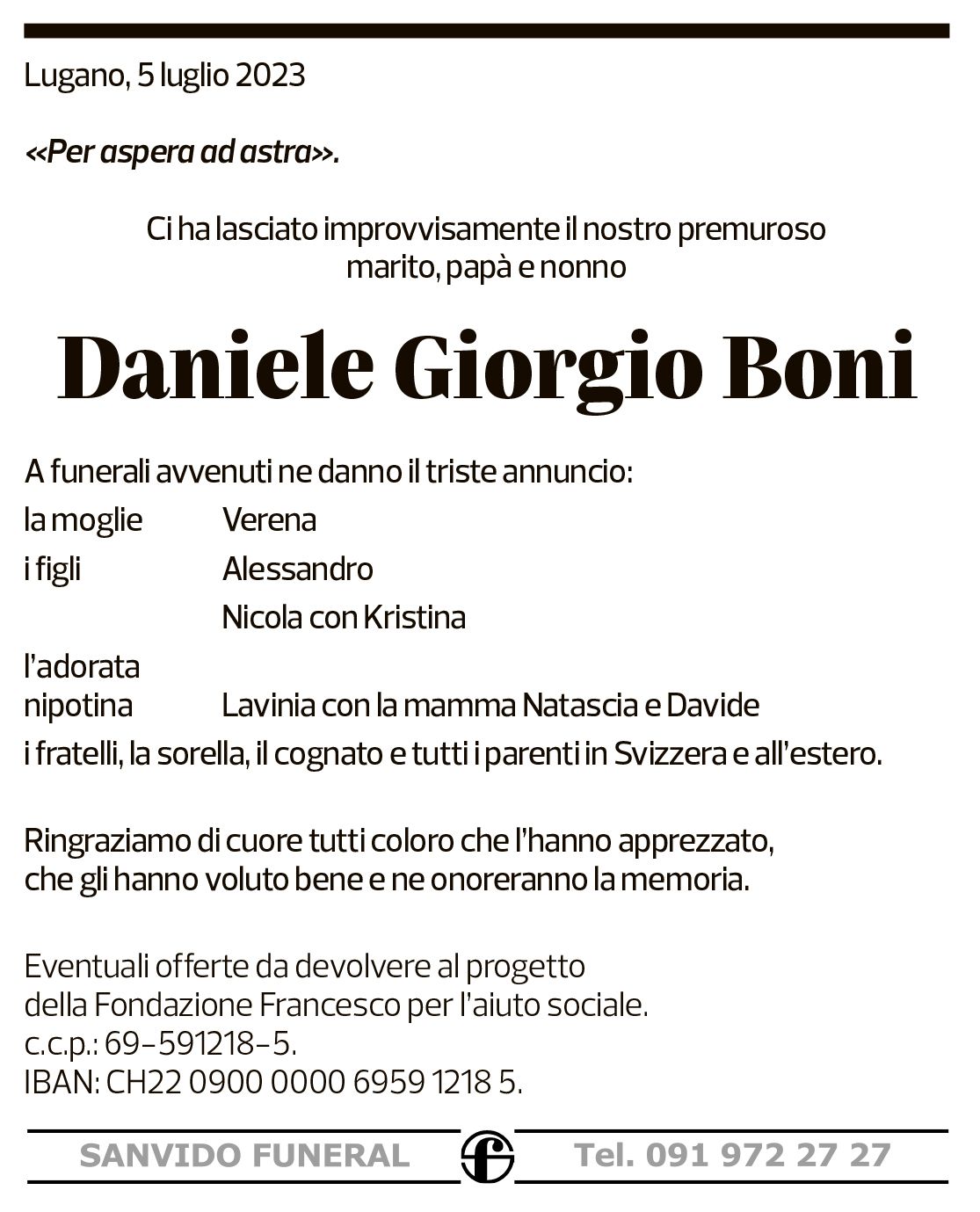 Annuncio funebre Daniele Giorgio Boni