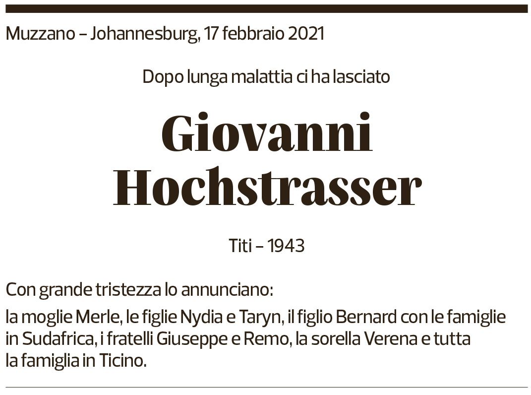 Annuncio funebre Giovanni Hochstrasser