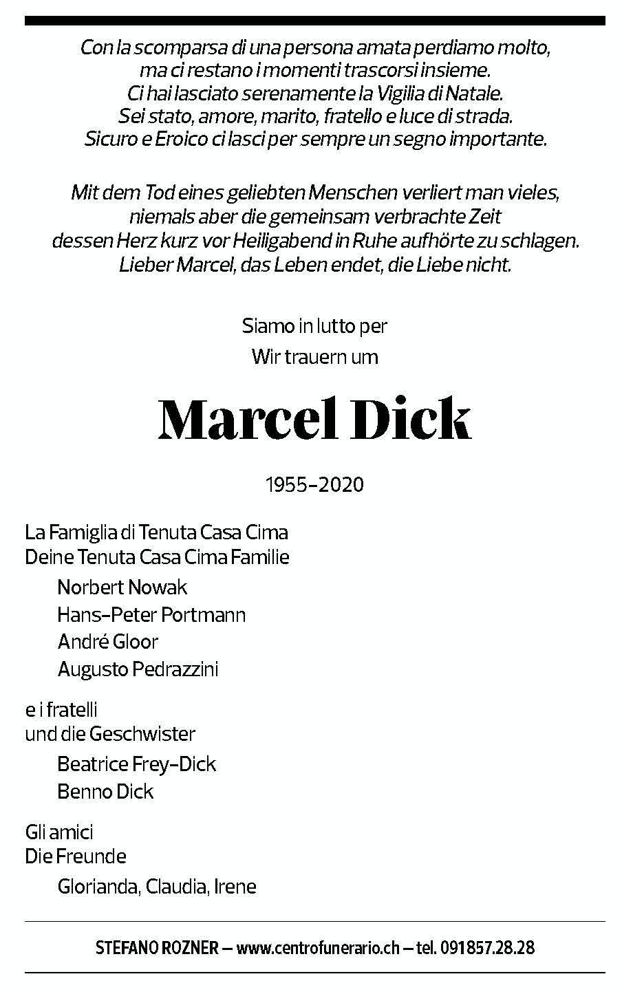 Annuncio funebre Marcel Dick