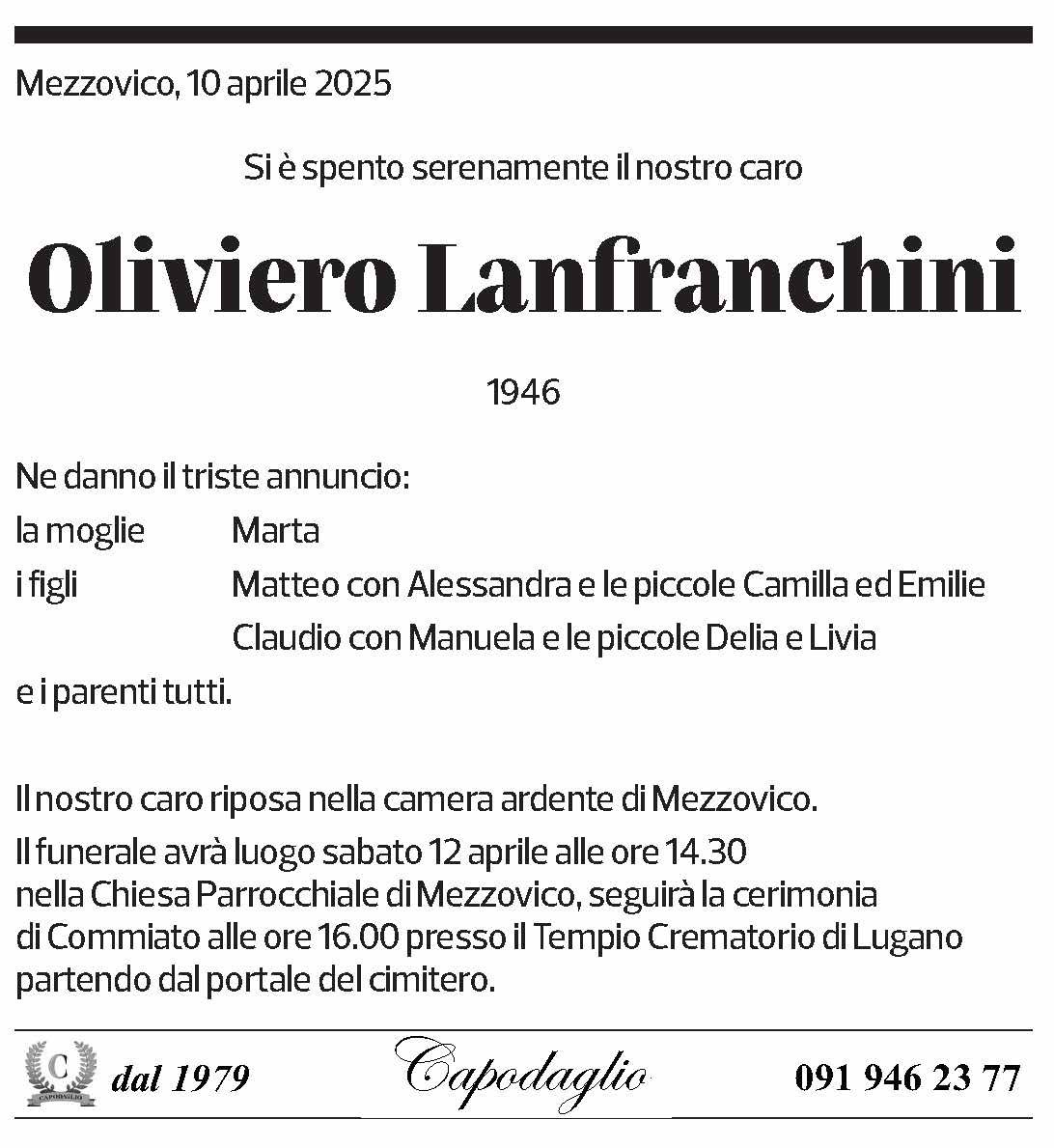 Annuncio funebre Oliviero Lanfranchini