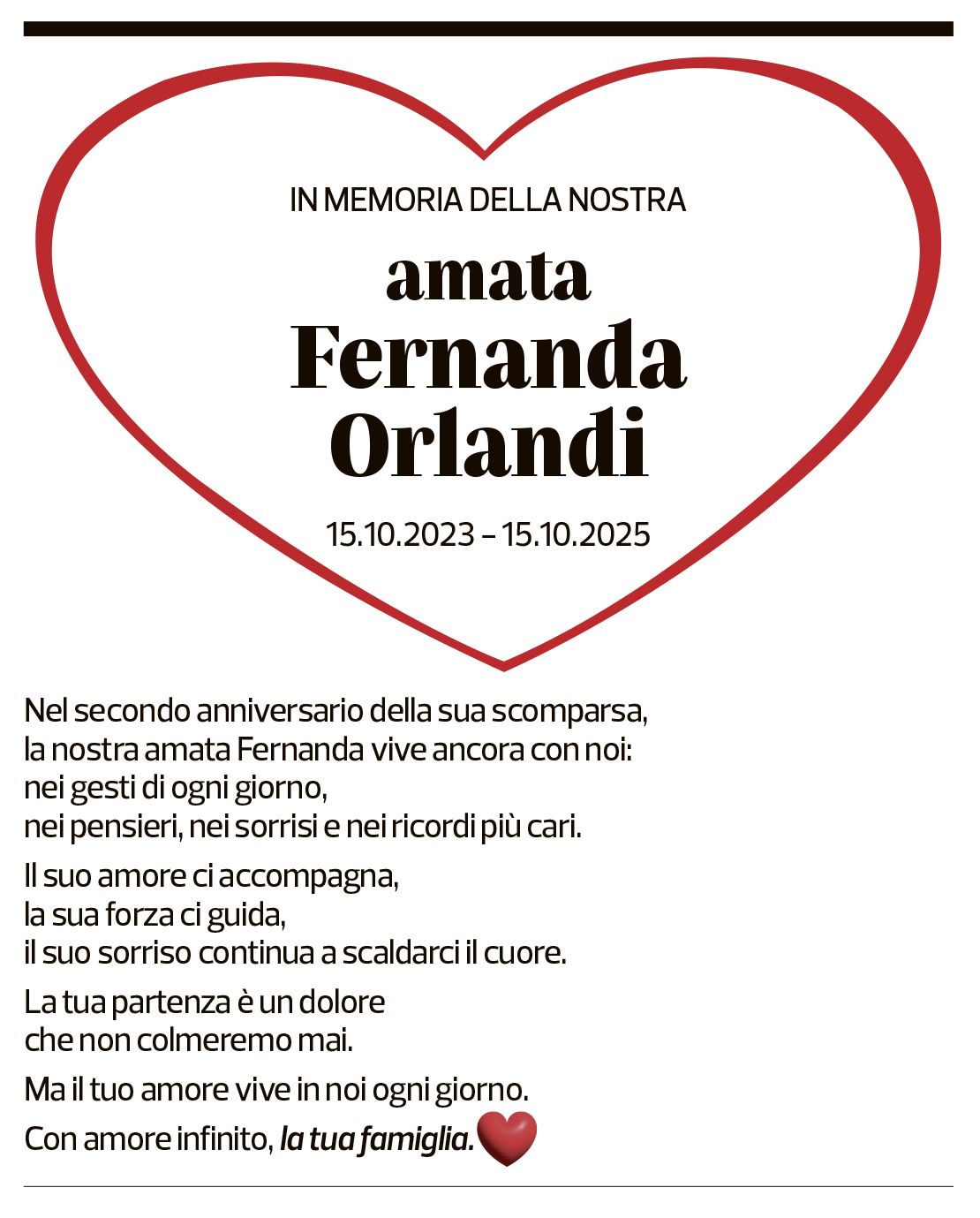 Annuncio funebre Fernanda Orlandi