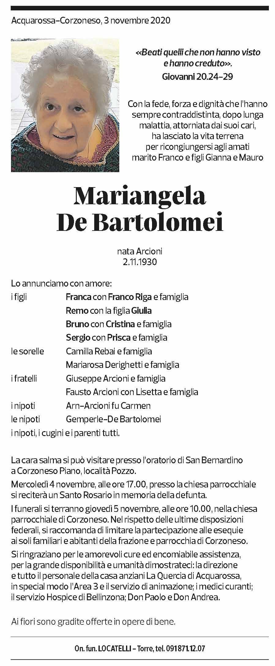 Annuncio funebre Mariangela De Bartolomei