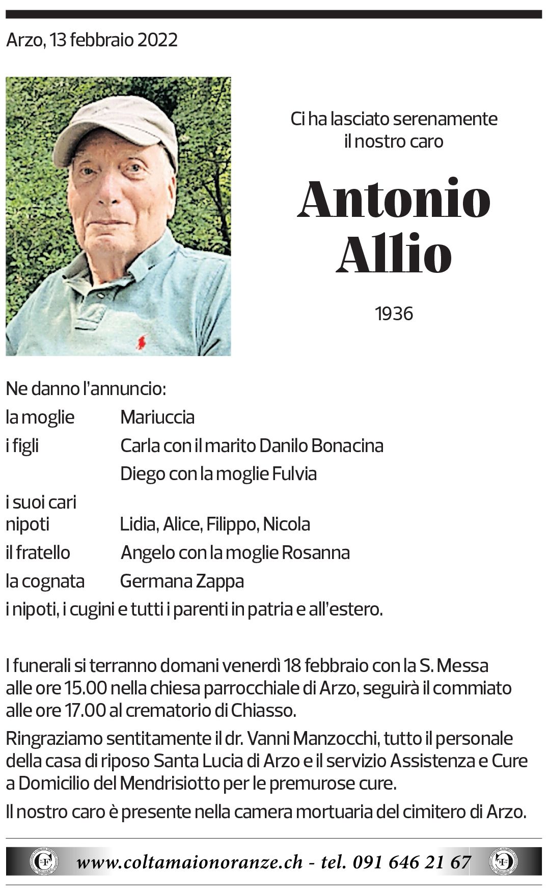 Annuncio funebre Antonio Allio