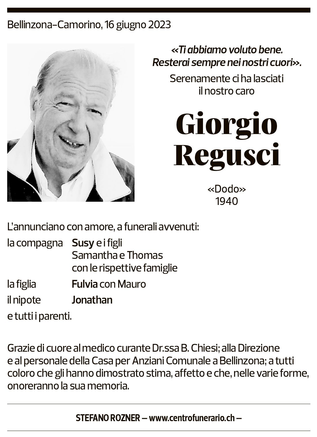 Annuncio funebre Giorgio Regusci