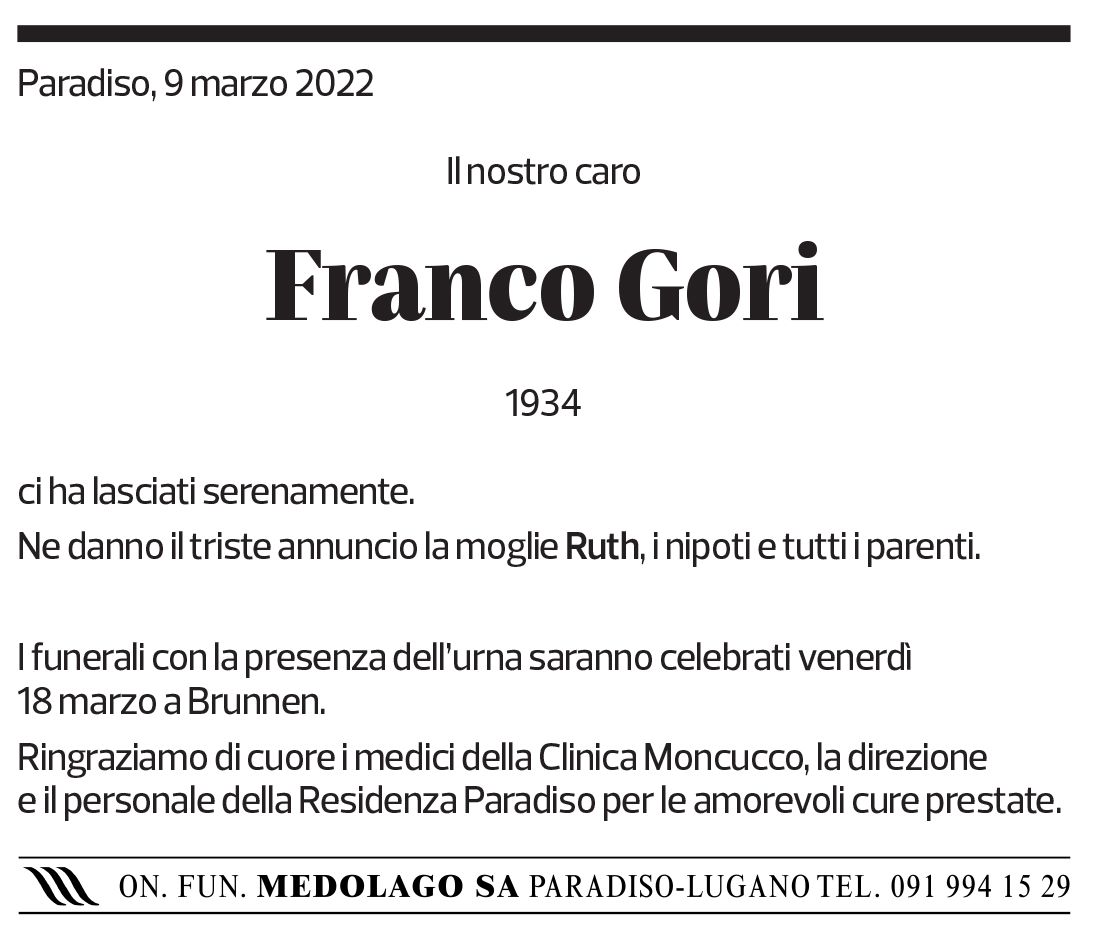 Annuncio funebre Franco Gori