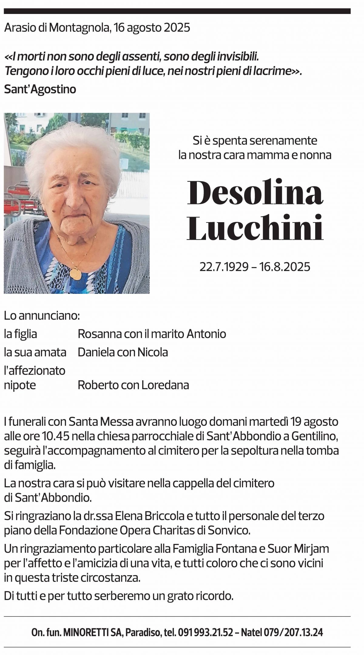 Annuncio funebre Desolina Lucchini