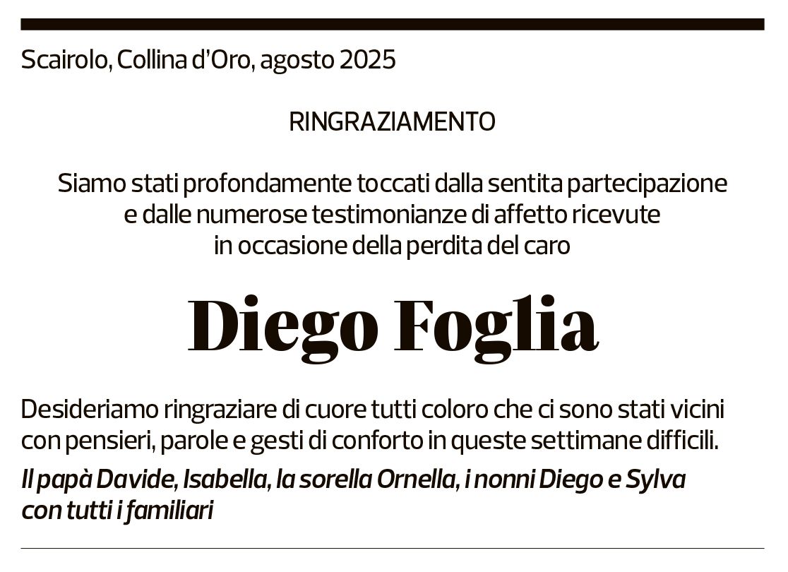 Annuncio funebre Diego Foglia