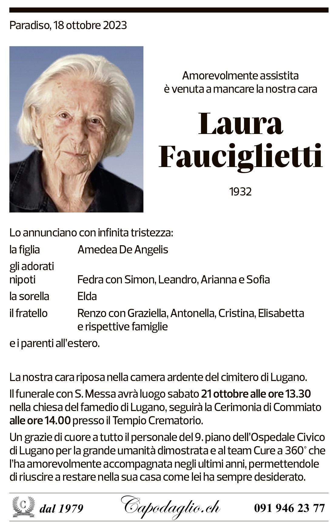 Annuncio funebre Laura Fauciglietti