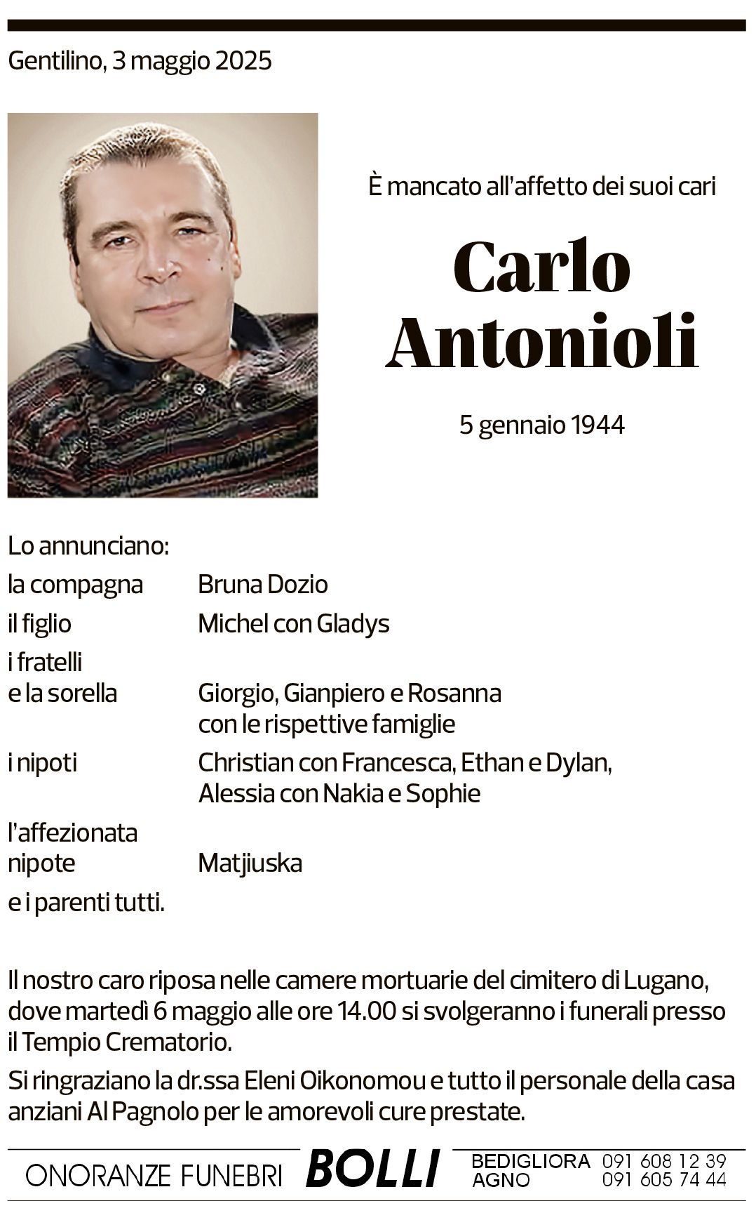 Annuncio funebre Carlo Antonioli