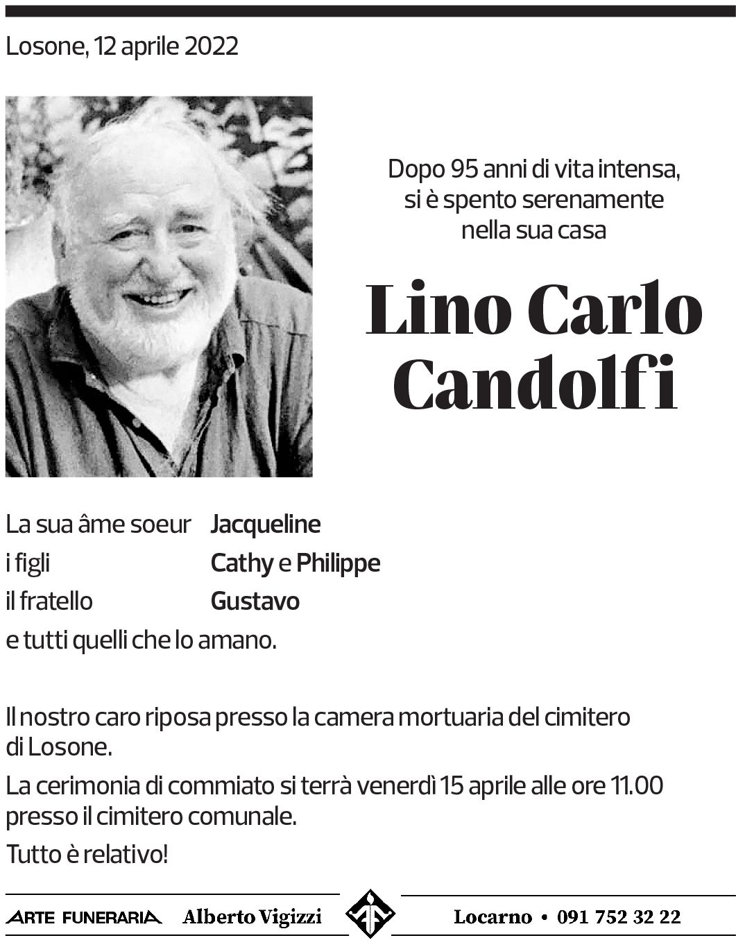 Annuncio funebre Lino Carlo Candolfi