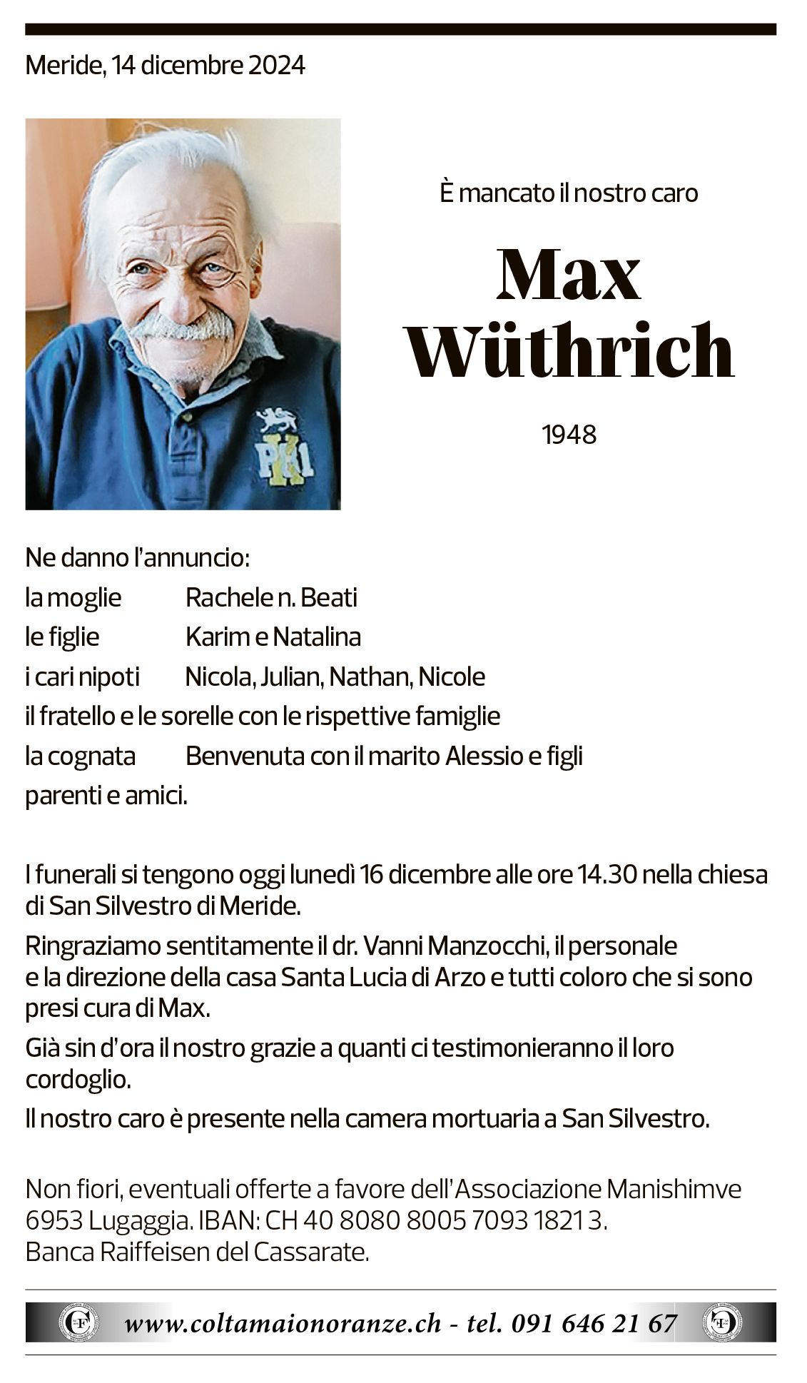 Annuncio funebre Max Wüthrich