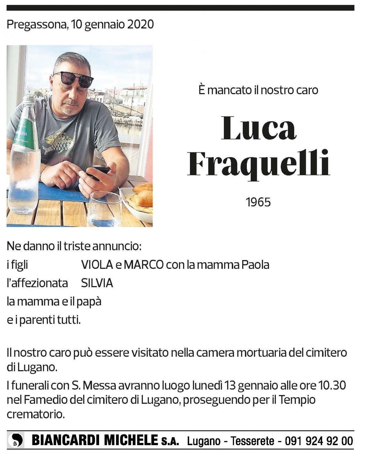 Annuncio funebre Luca Fraquelli