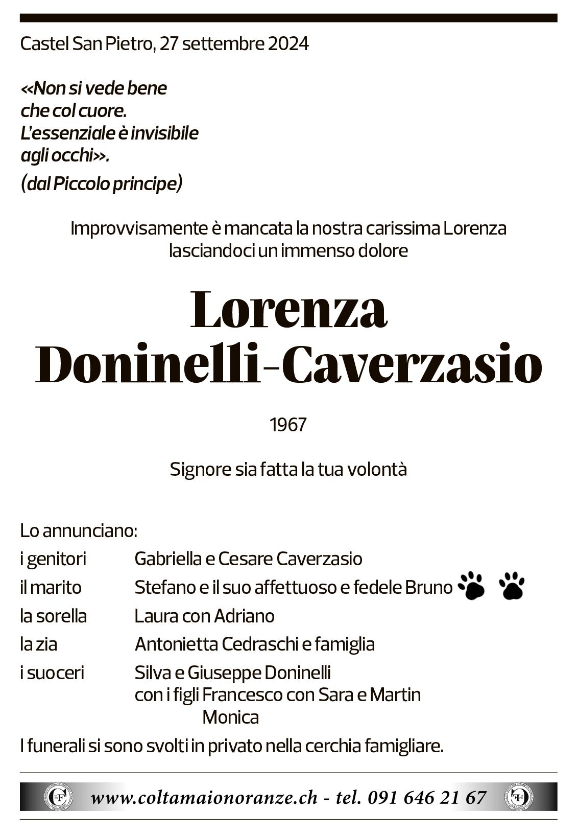 Annuncio funebre Lorenza Doninelli-caverzasio