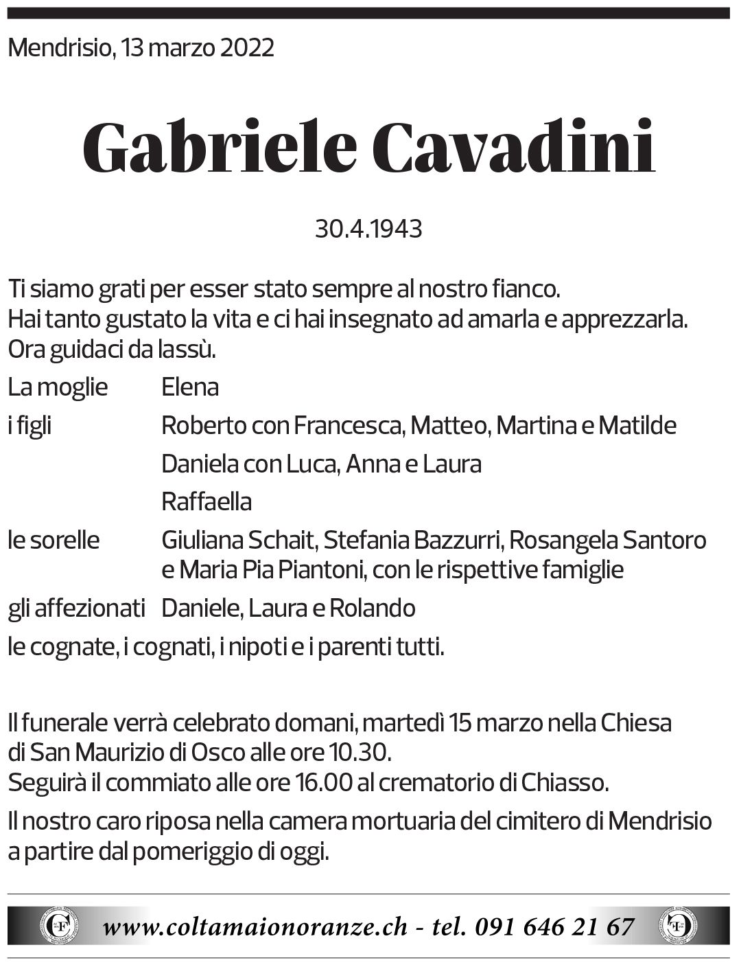 Annuncio funebre Gabriele Cavadini