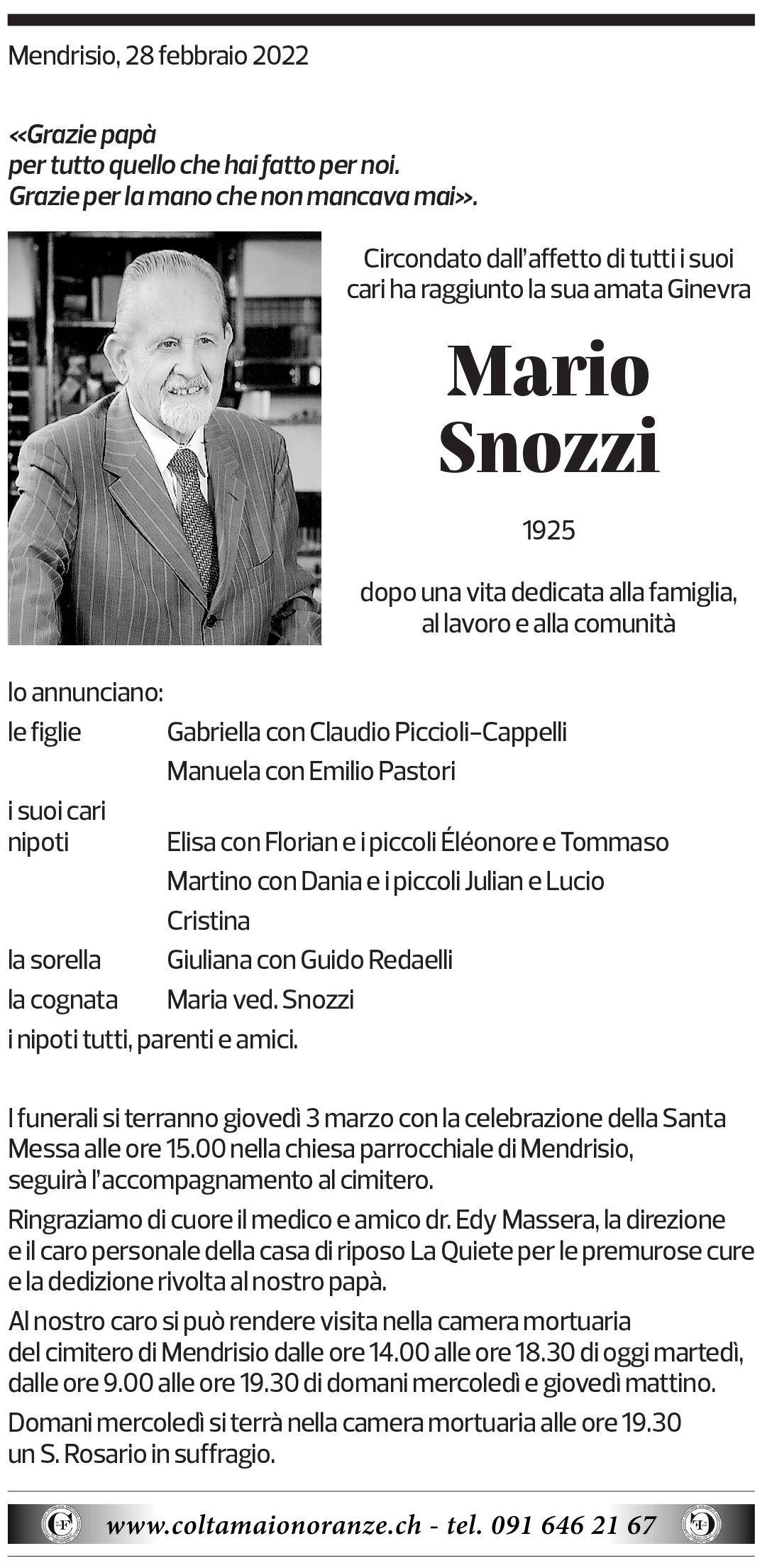 Annuncio funebre Mario Snozzi