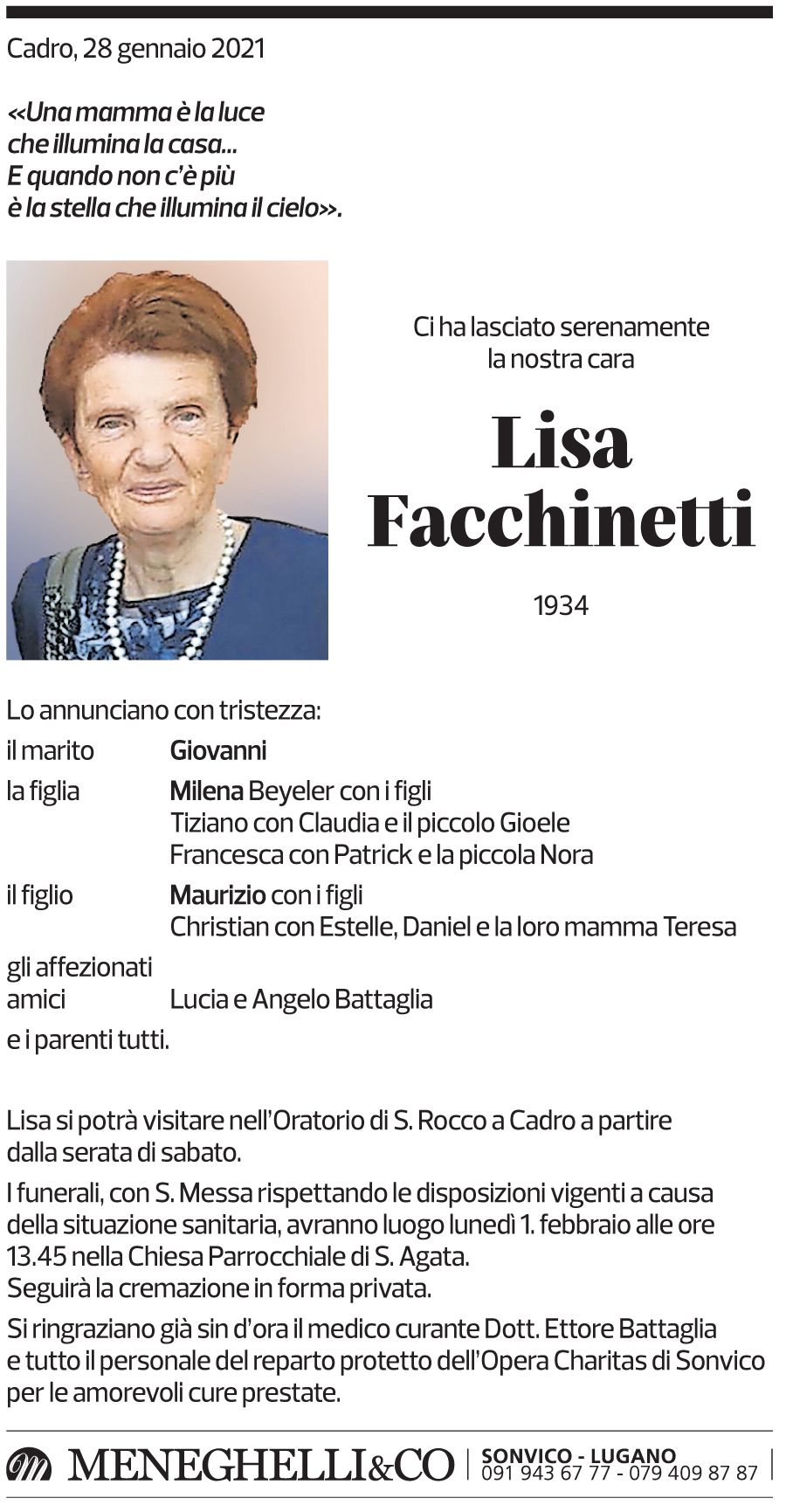 Annuncio funebre Lisa Facchinetti