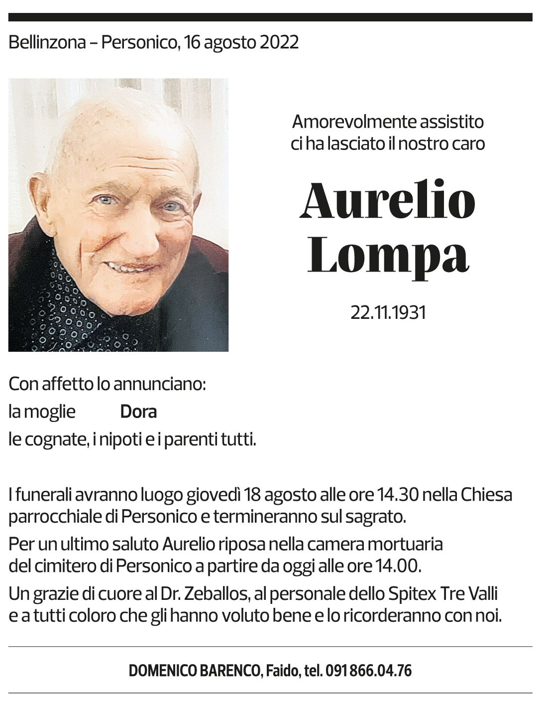 Annuncio funebre Aurelio Lompa