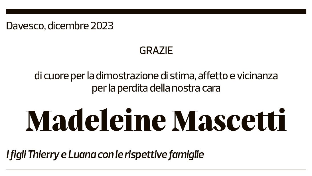 Annuncio funebre Madeleine Mascetti