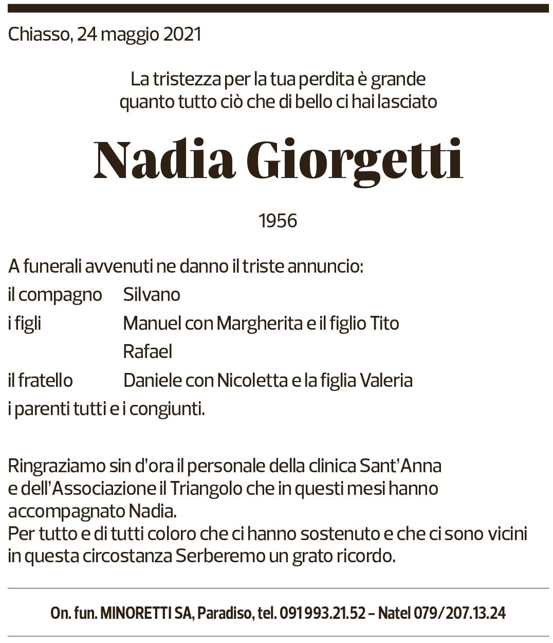 Annuncio funebre Nadia Giorgietti