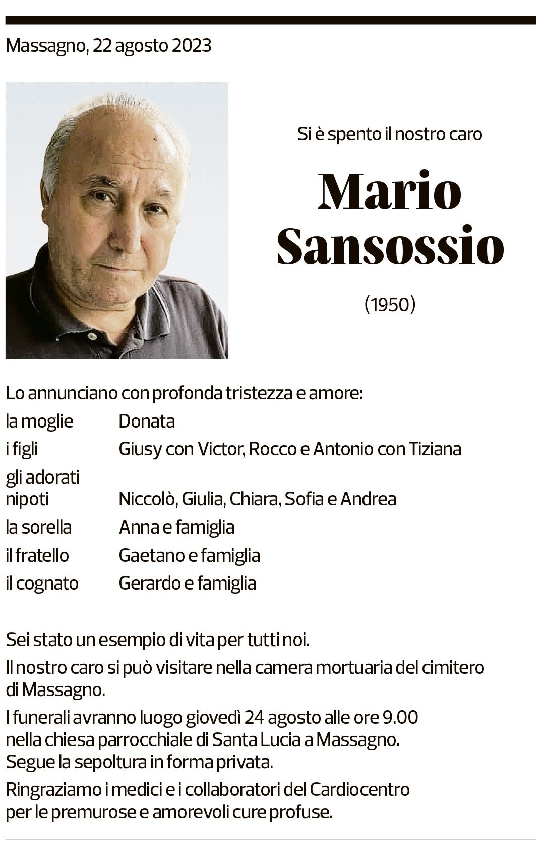 Annuncio funebre Mario Sansossio