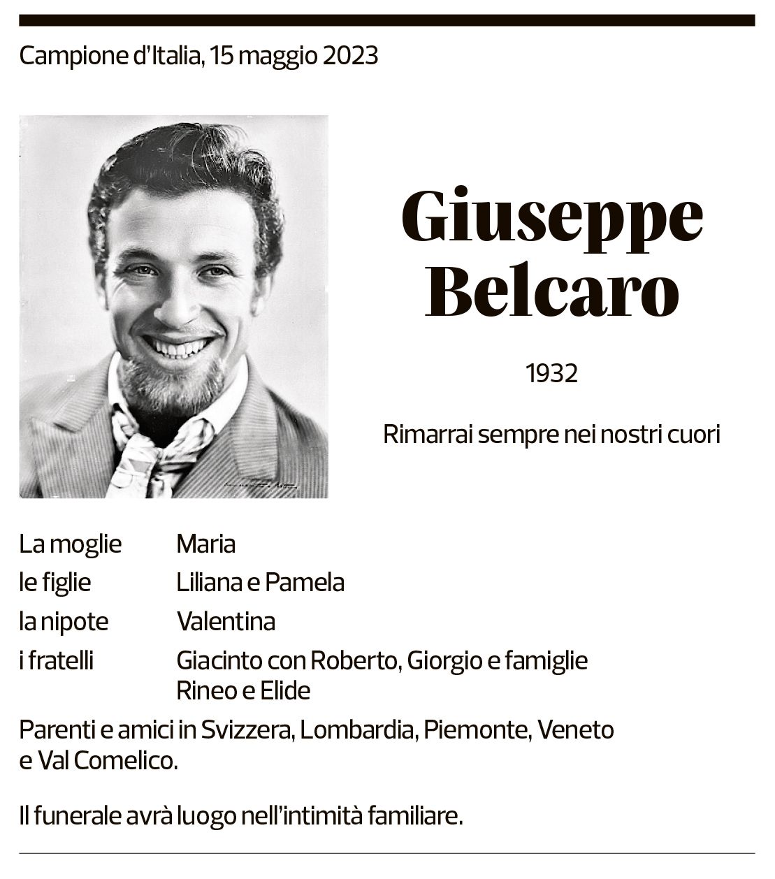 Annuncio funebre Giuseppe Belcaro