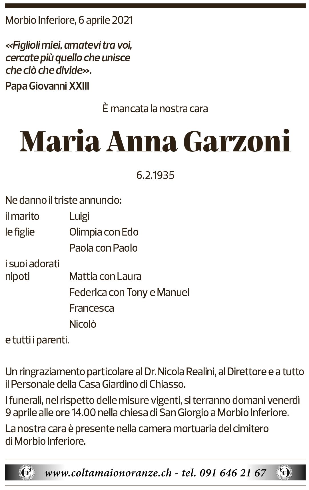 Annuncio funebre Maria Anna Garzoni