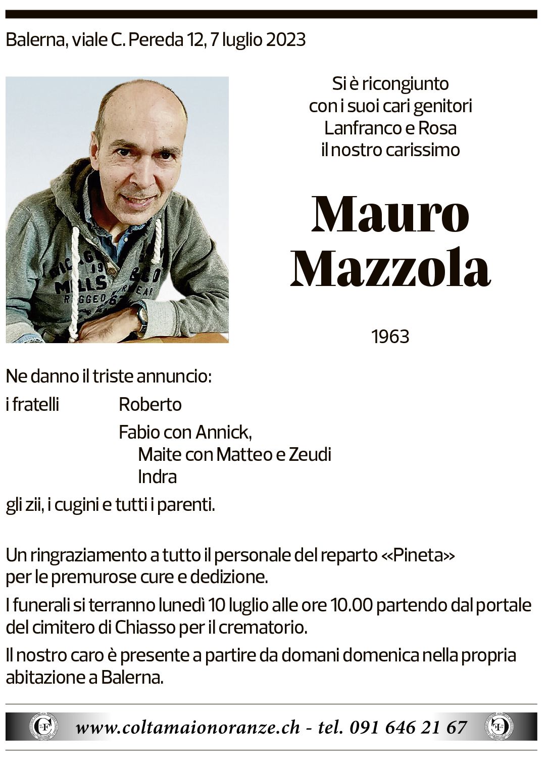 Annuncio funebre Mauro Mazzola