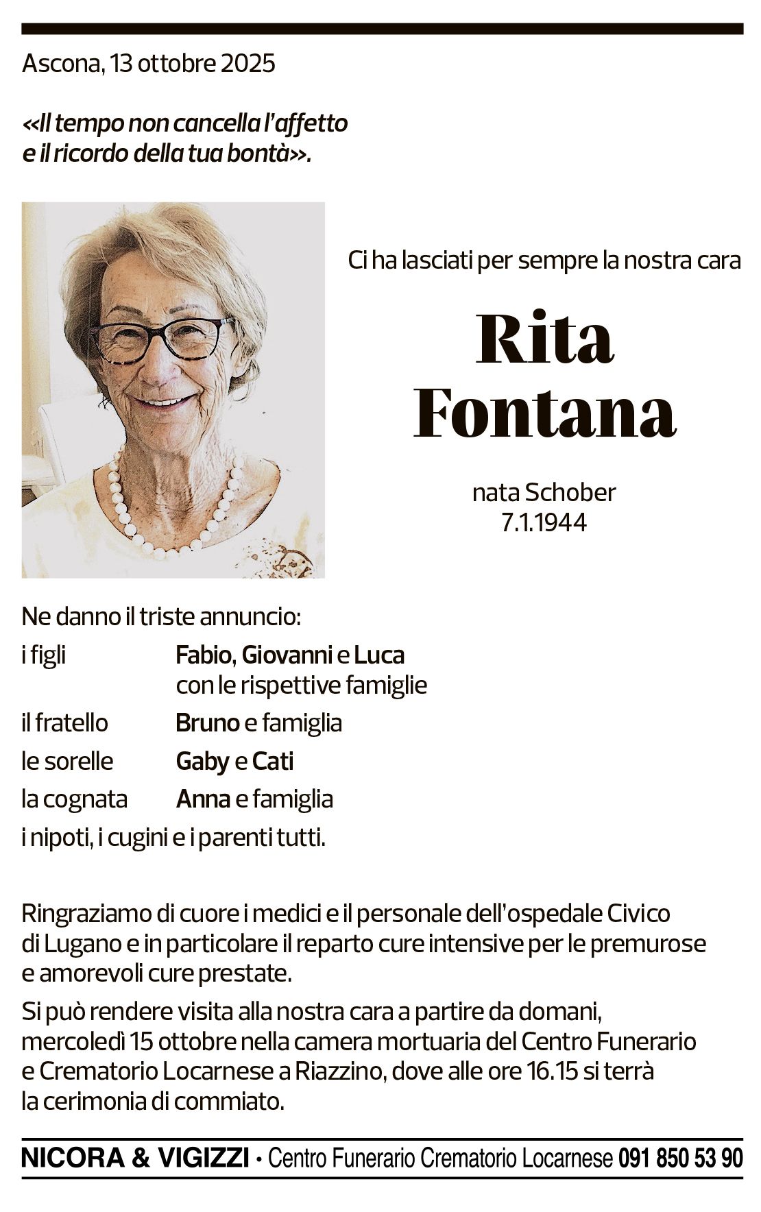 Annuncio funebre Rita Fontana