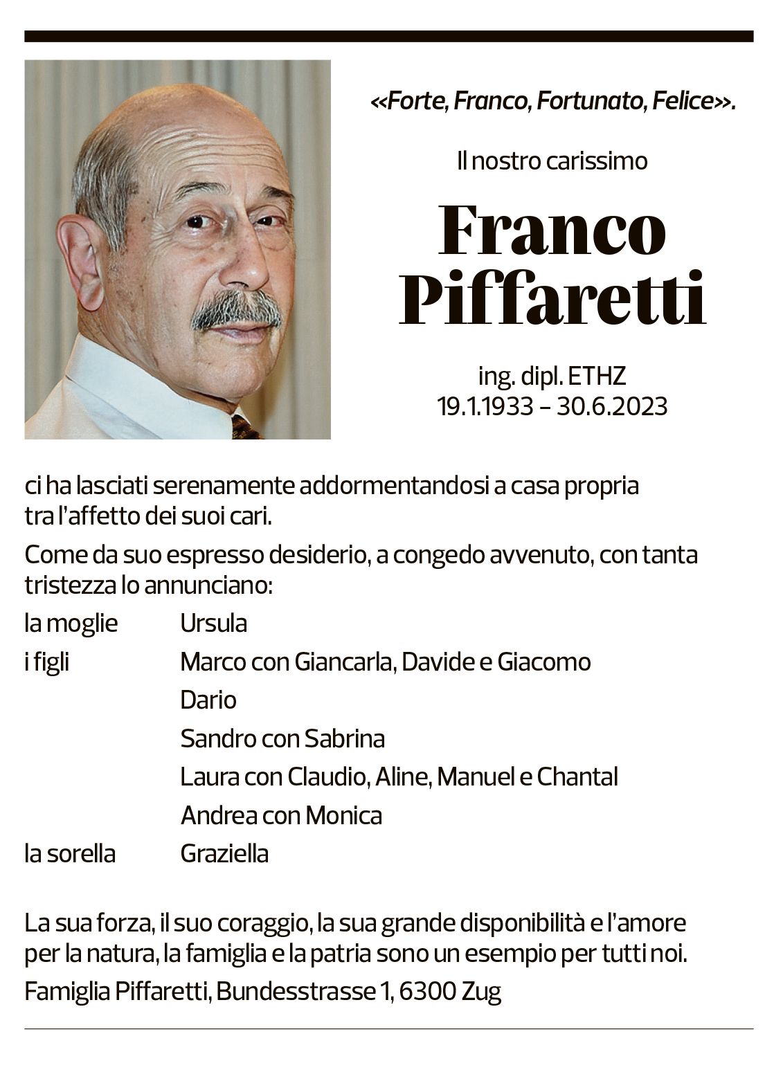 Annuncio funebre Franco Piffaretti