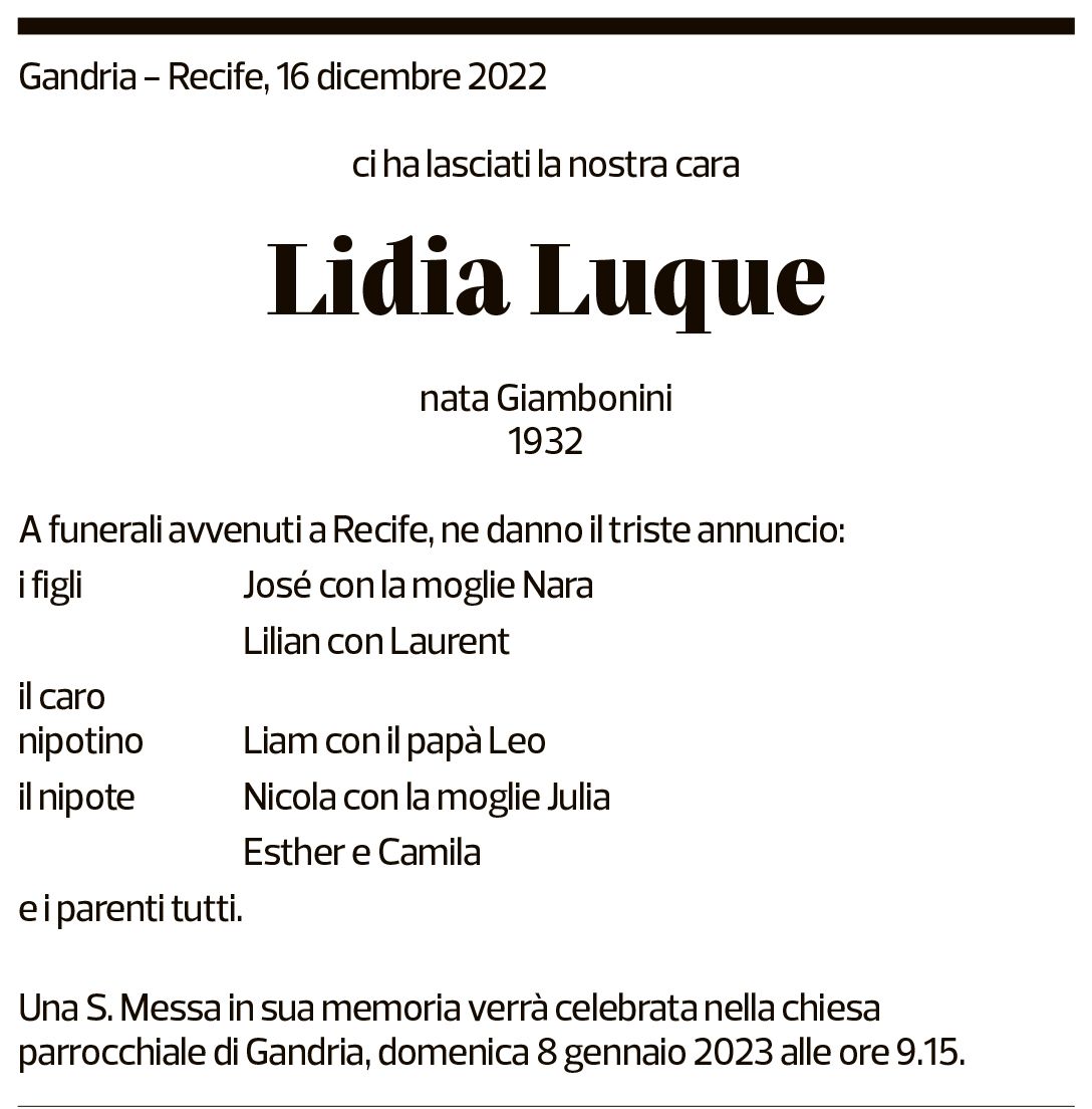 Annuncio funebre Lidia Luque