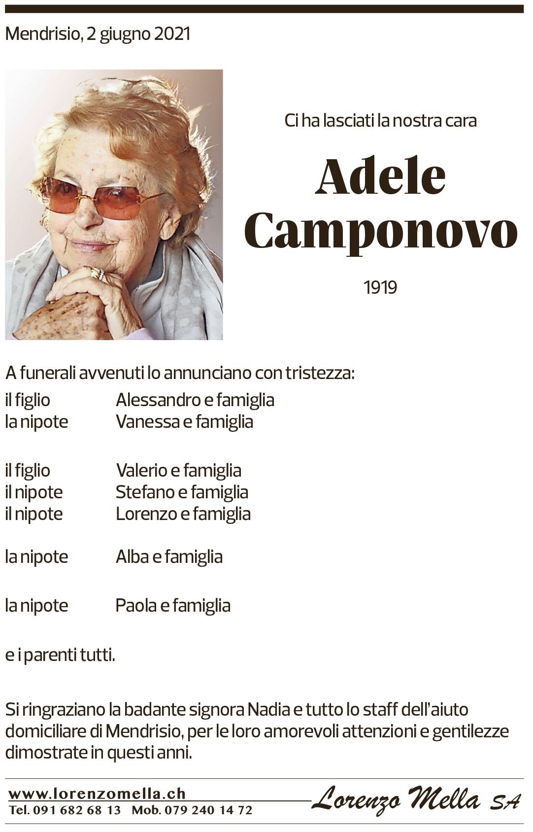 Annuncio funebre Adele Camponovo